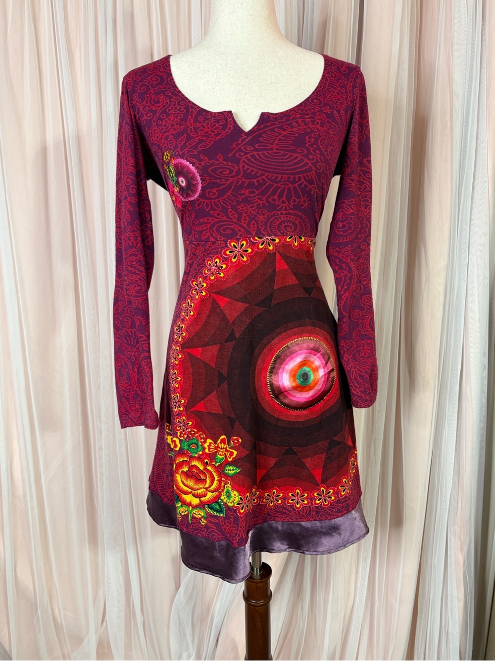 Desigual M Burgundy Patchwork Floral Rhinestone Long Sleeve Dress Y2K Boho - Picture 2 of 12